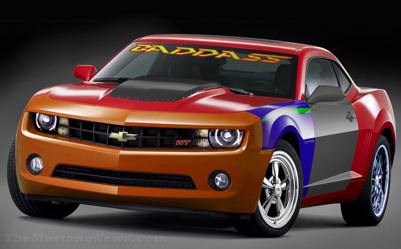 “The models lean seductively over the hood of the 2010 Chevrolet Camaro, 